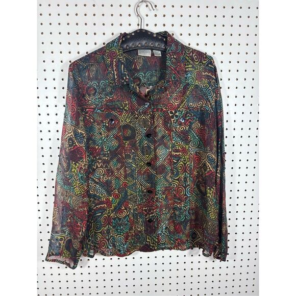 Chico’s 100% Silk sheer Button Up Abstract Pattern Top Shirt Size 2 - Picture 1 of 7